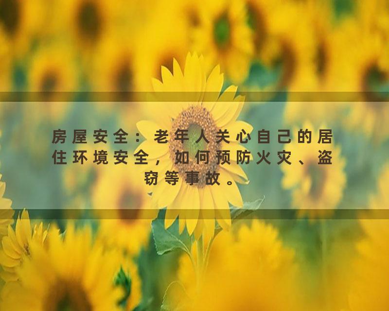 房屋安全：老年人关心自己的居住环境安全，如何预防火灾、盗窃等事故。